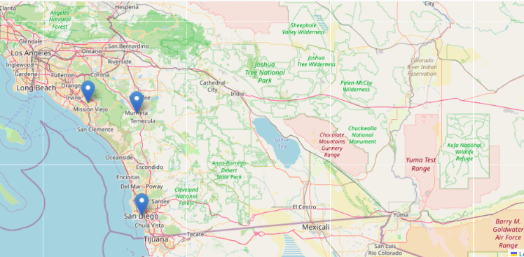 Map showing EZ Plumbing USA service locations in San Diego, Lake Forest, and Murrieta