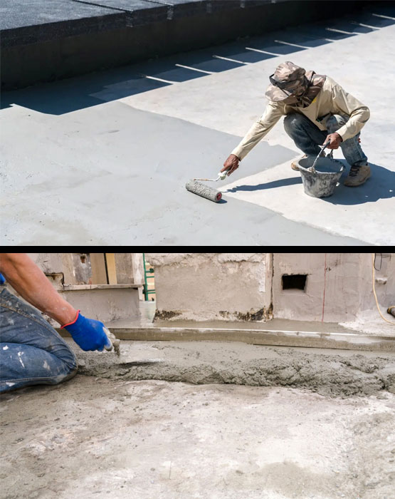 Plumber applying putty on concrete floor
