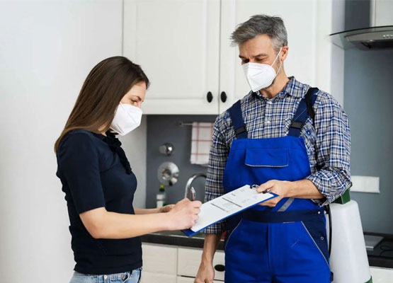 Plumber giving bill to customer by following mask rule